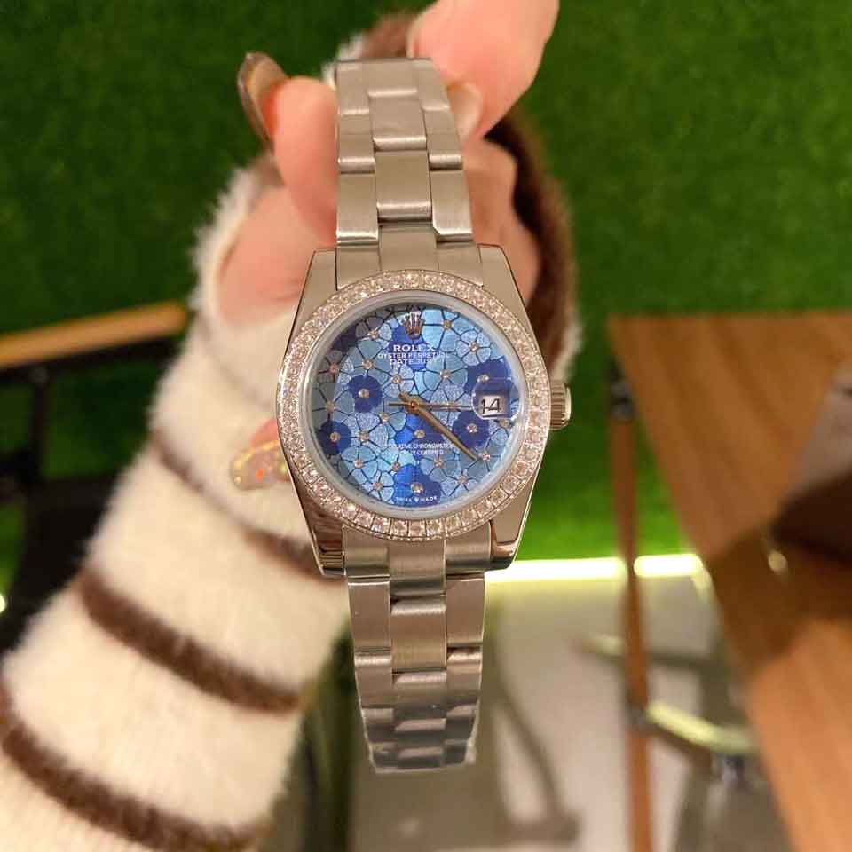 Đồng hồ nữ Rolex mặt xanh hoa tròn đính đá siêu cấp