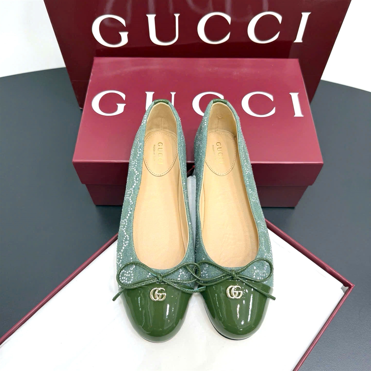 Giầy búp bê Gucci phối vải và da bóng siêu cấp