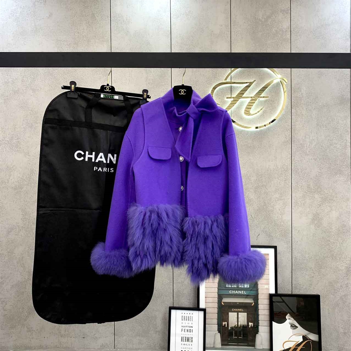 Áo dạ nữ cổ nơ phối lông Chanel cao cấp