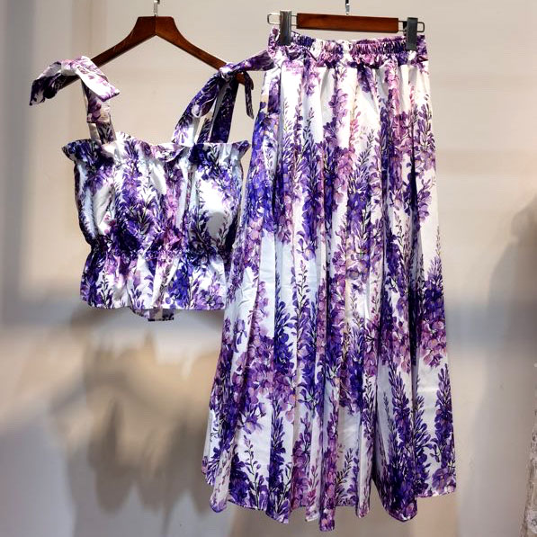 Set váy maxi rời phối hoa oải hương tím Dior 