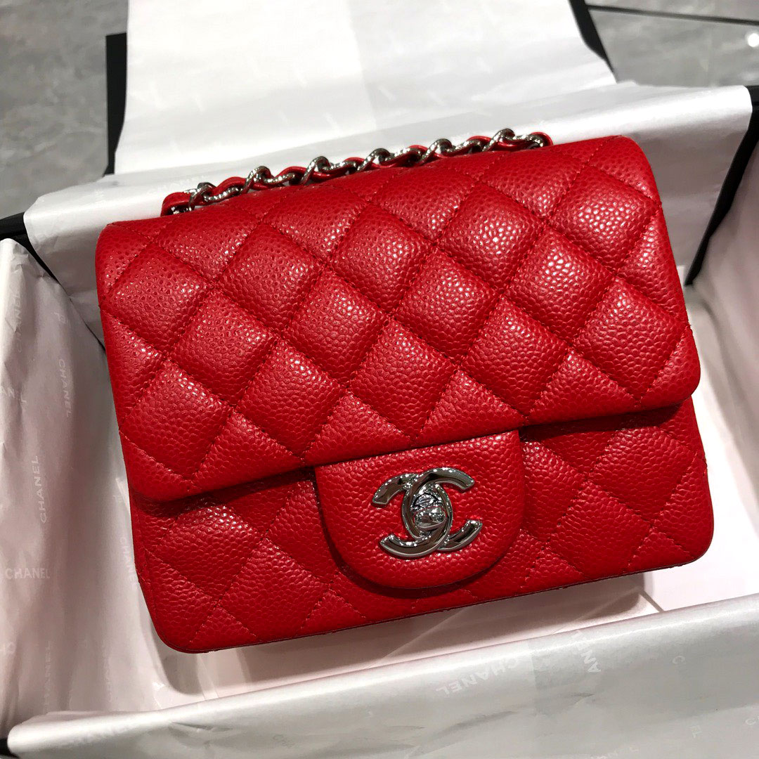 Túi Chanel da hạt mini khóa bạc Likeauth đỏ đậm