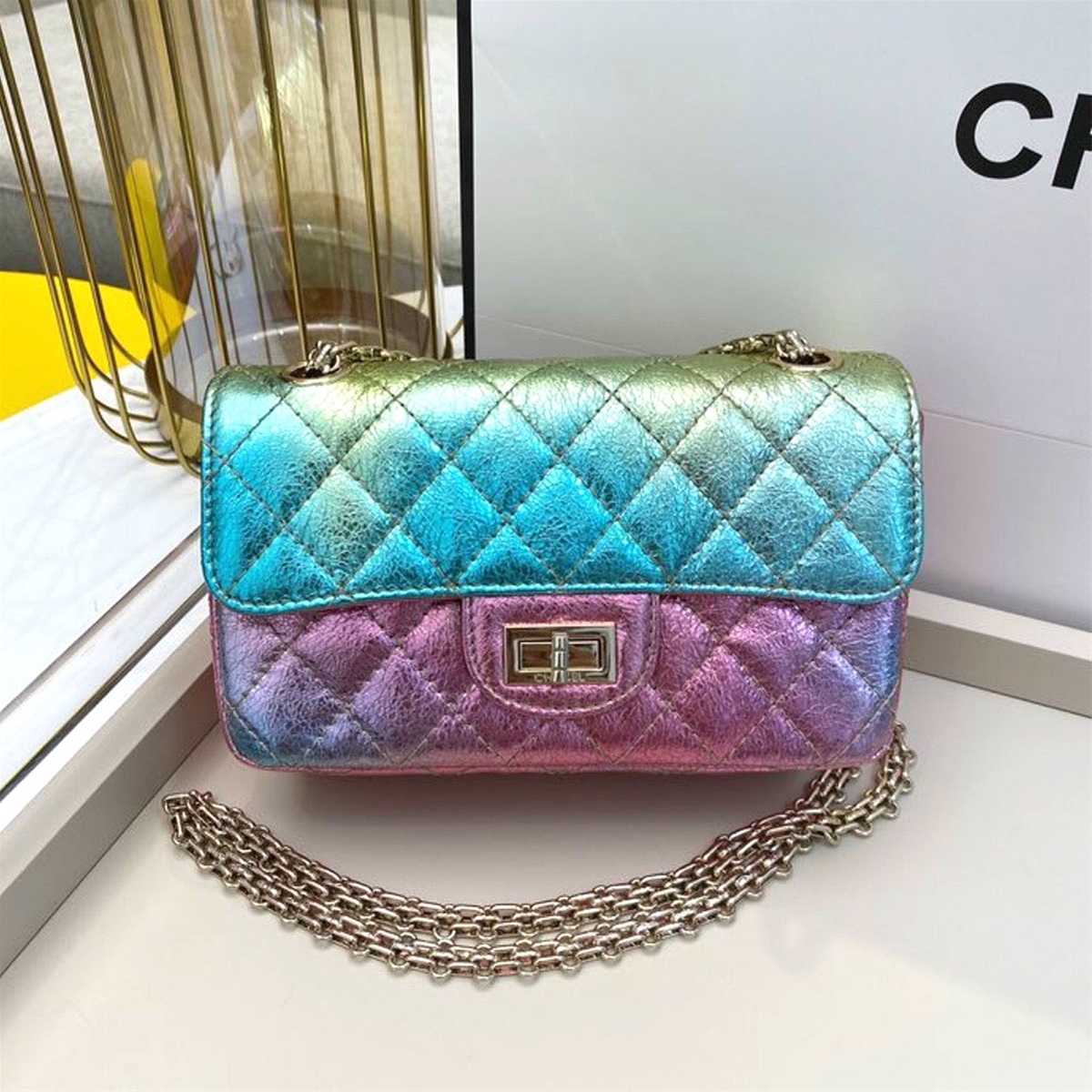 Túi xách Chanel classic da nhám pha màu xanh hồng siêu cấp