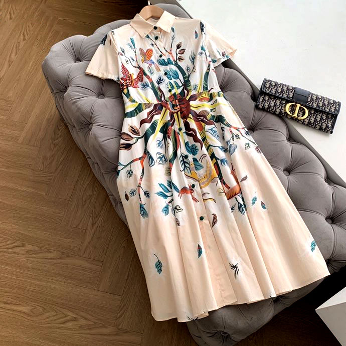 Váy dài kèm belt họa tiết cổ bẻ Dior siêu cấp