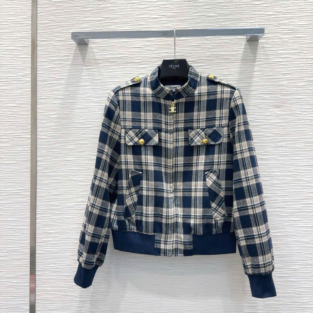 Áo dạ kẻ ô kéo khóa Burberry Celine siêu cấp