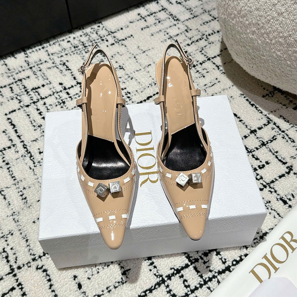 Giầy da bóng hở gót cao gót Dior siêu cấp